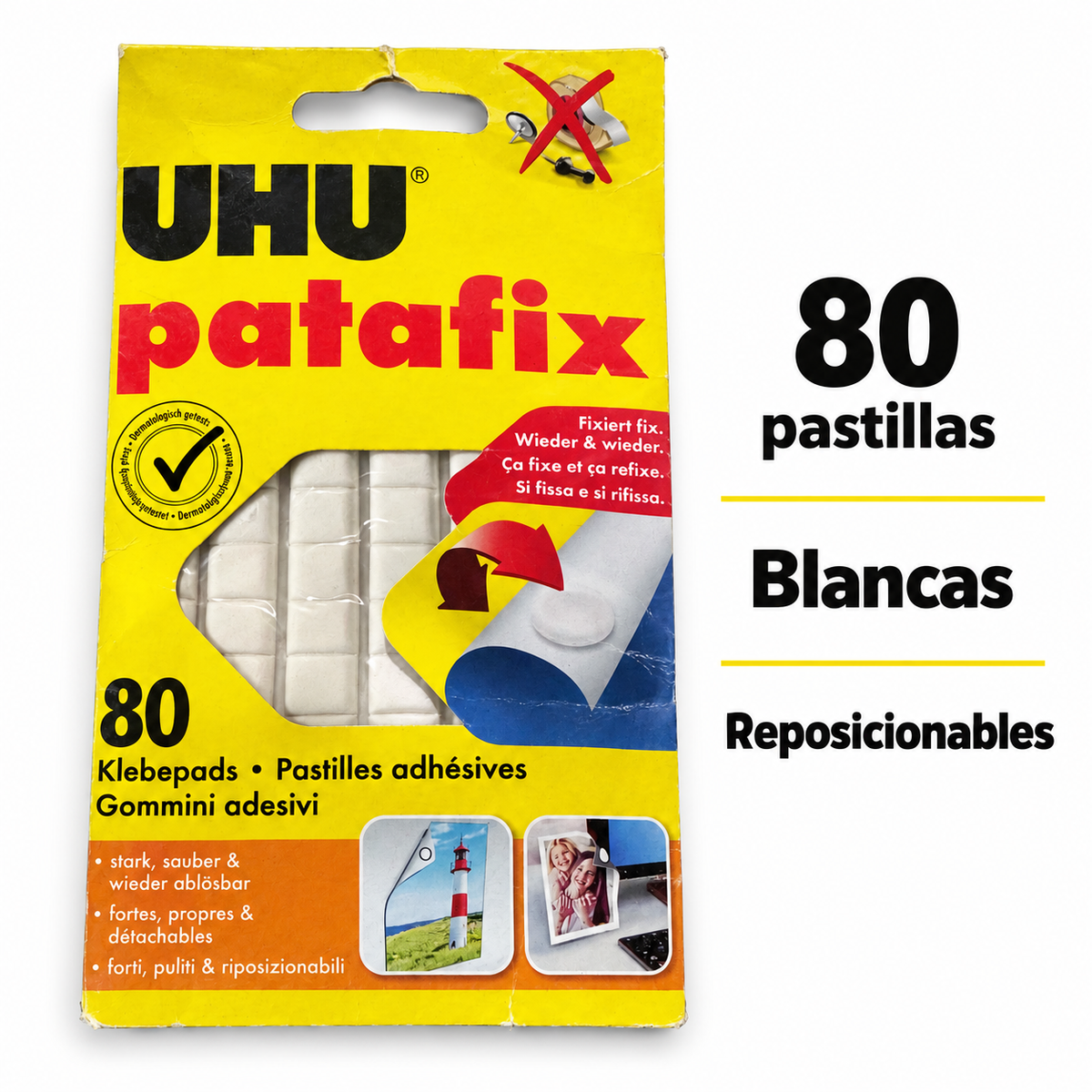 Características UHU Patafix: 80 pastillas blancas reposicionables