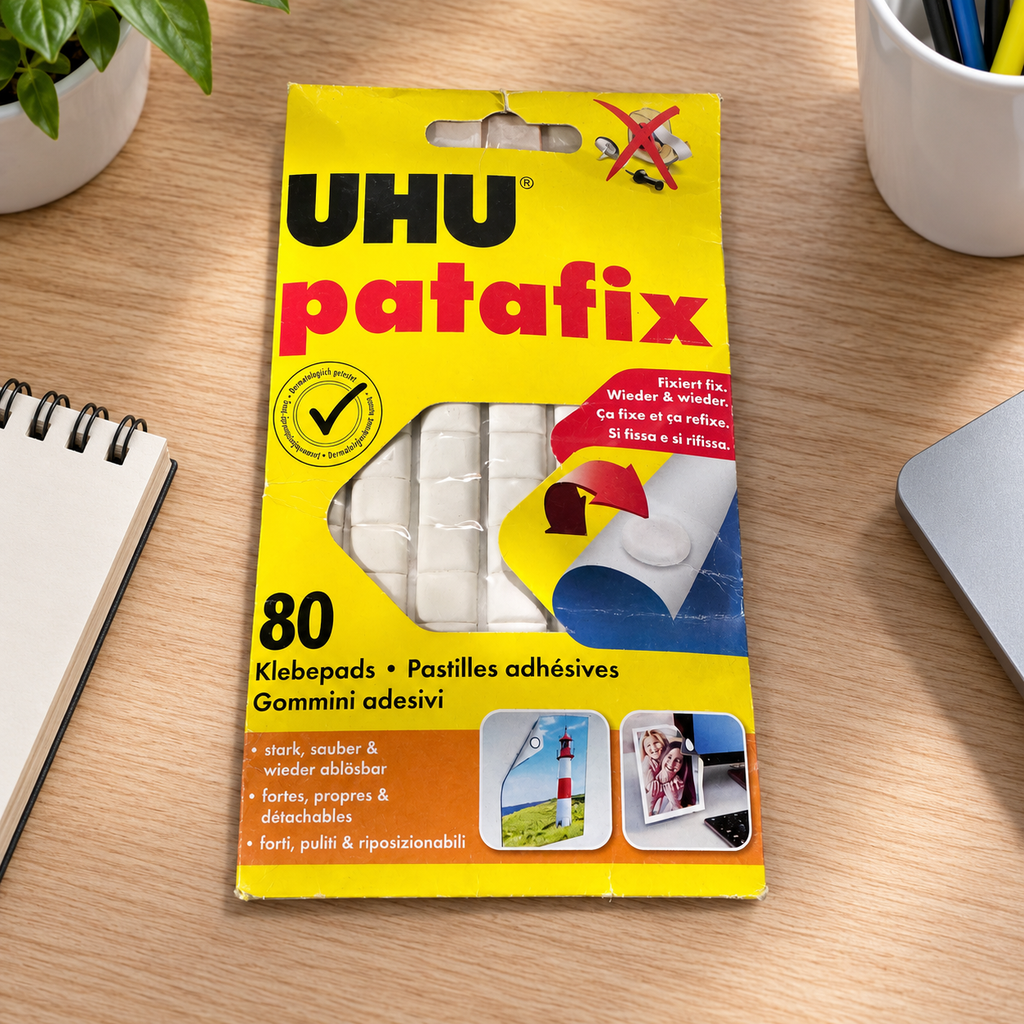 Paquete original UHU Patafix sobre un escritorio