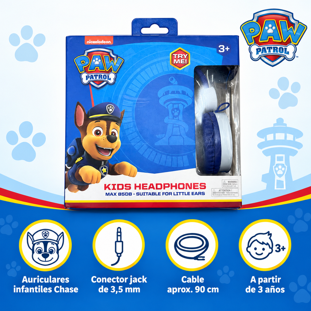 Auriculares infantiles Paw Patrol Chase en caja original con conexión de 3,5 mm y cable aproximado de 90 cm