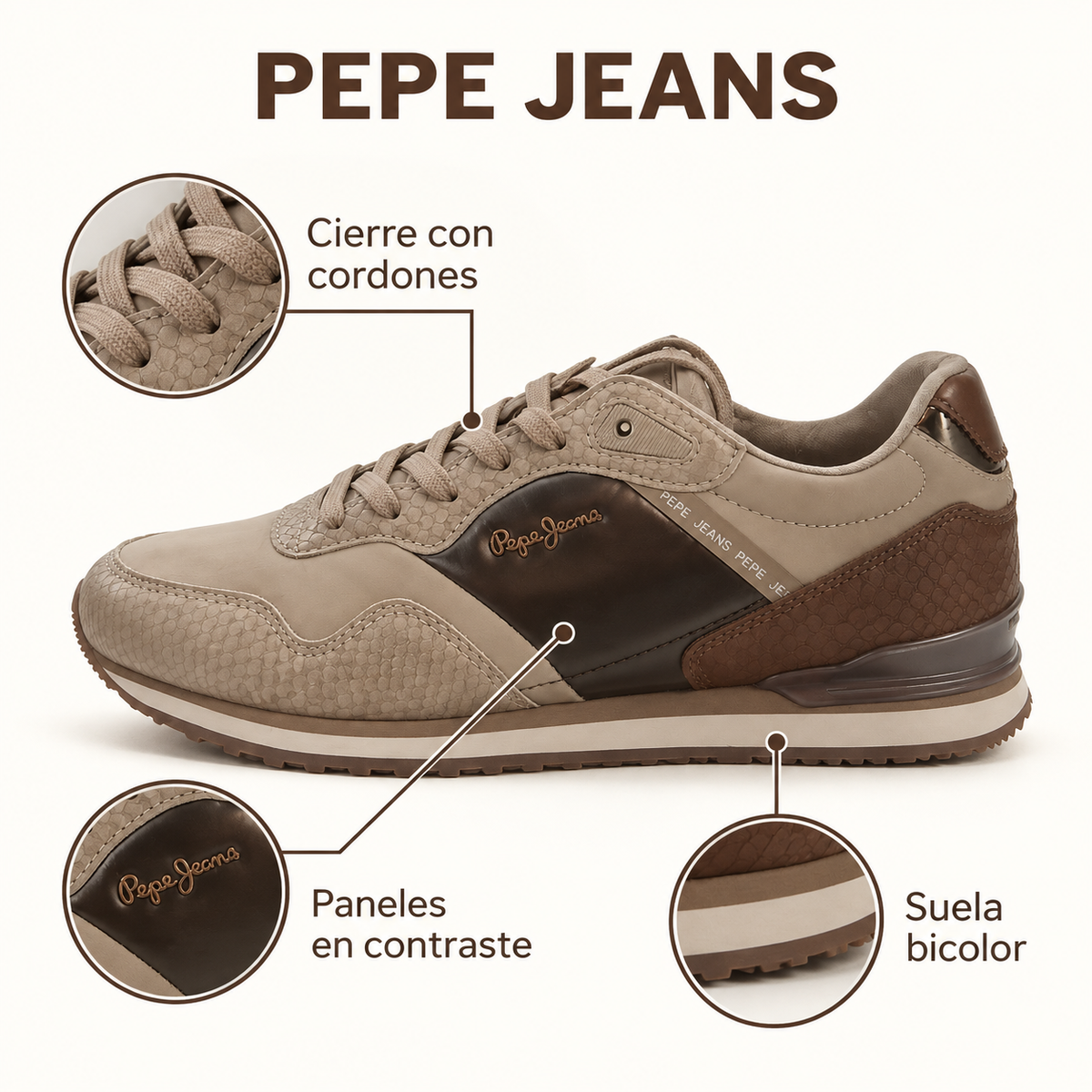 Zapatillas Pepe Jeans PLS40044 809 beige y marrón — detalles visibles