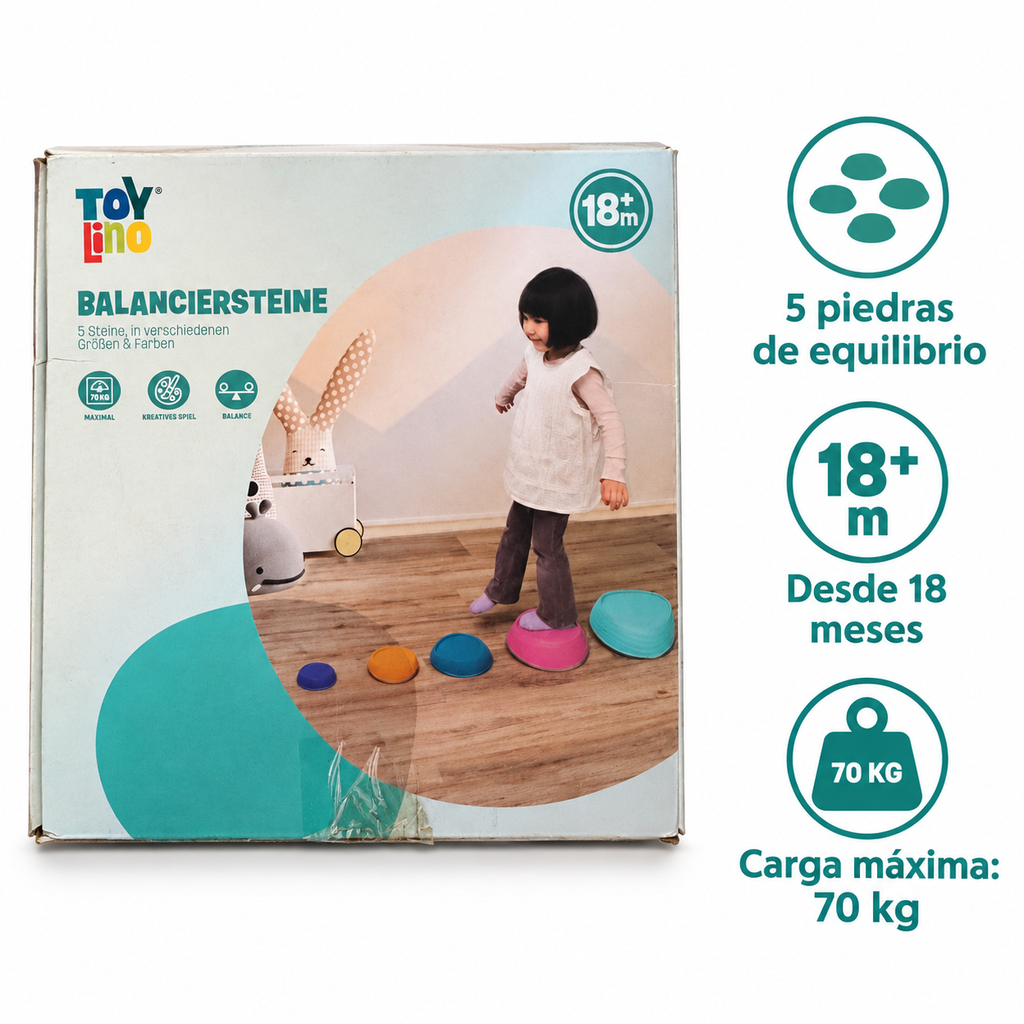 Características del set Toy Lino: cinco piedras, desde 18 meses y carga máxima de 70 kg