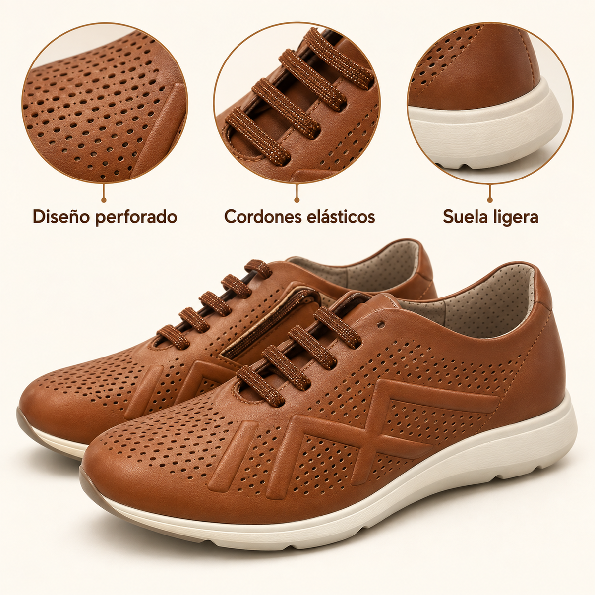 Características de los zapatos Piesanto 1341 cuero: diseño perforado, cordones elásticos y suela ligera