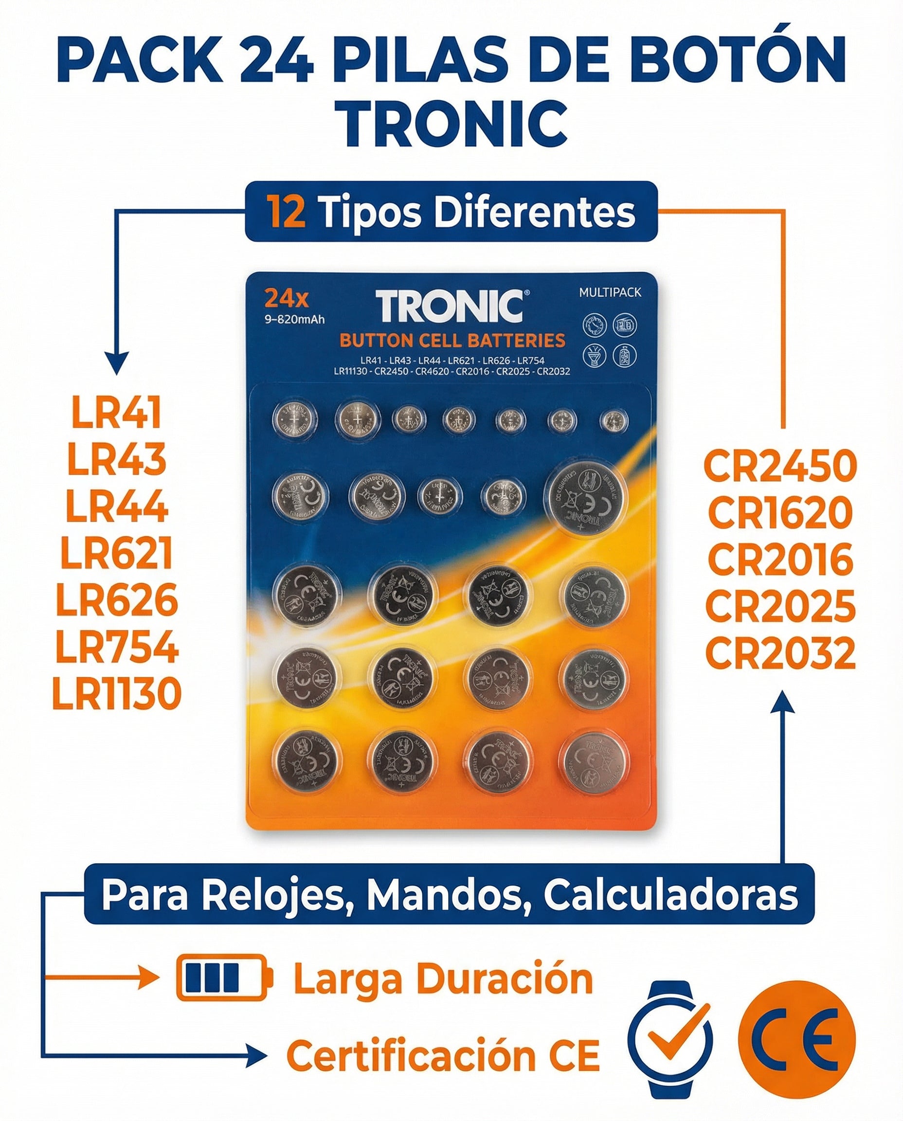 Pack 24 Pilas de Botón Multipack 12 Tipos LR44 CR2032 CR2025 | Tronic