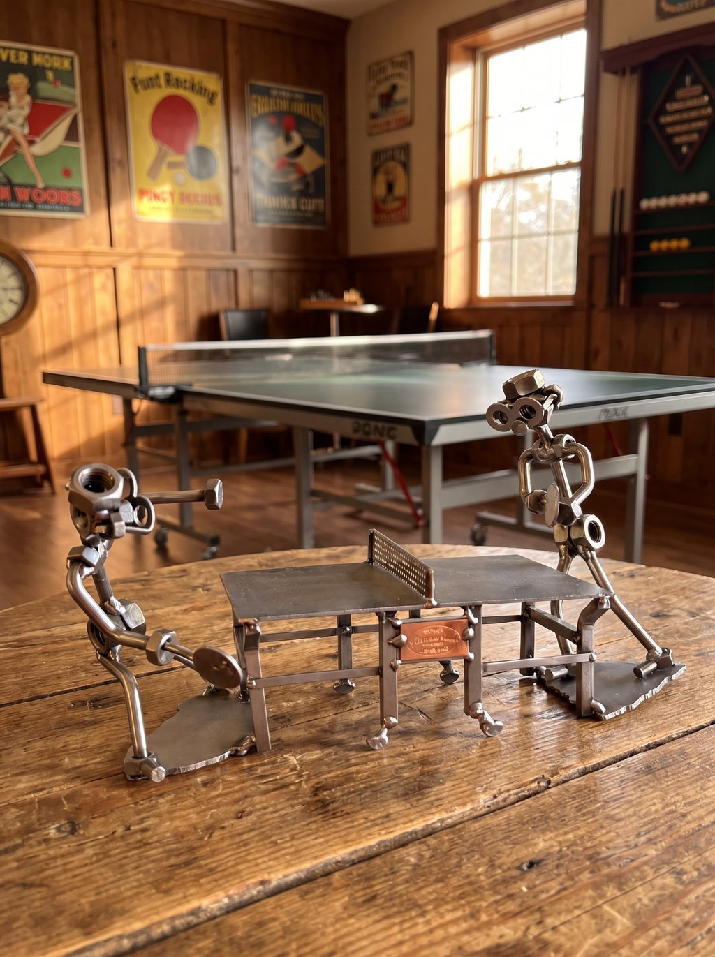 Figura Artesanal de Metal — Jugadores de Ping Pong