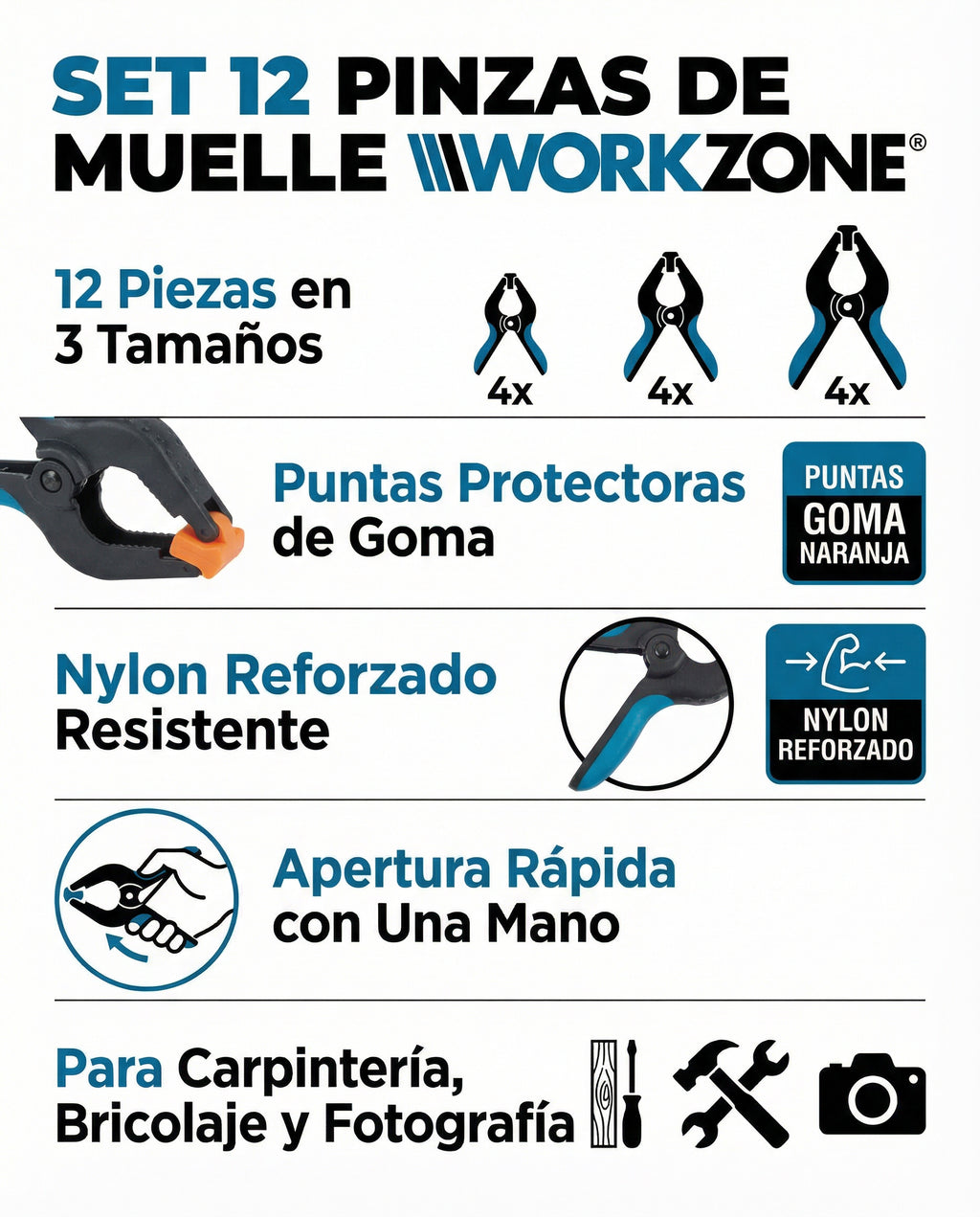 Set 12 Pinzas de Muelle 3 Tamaños con Puntas de Goma | Workzone