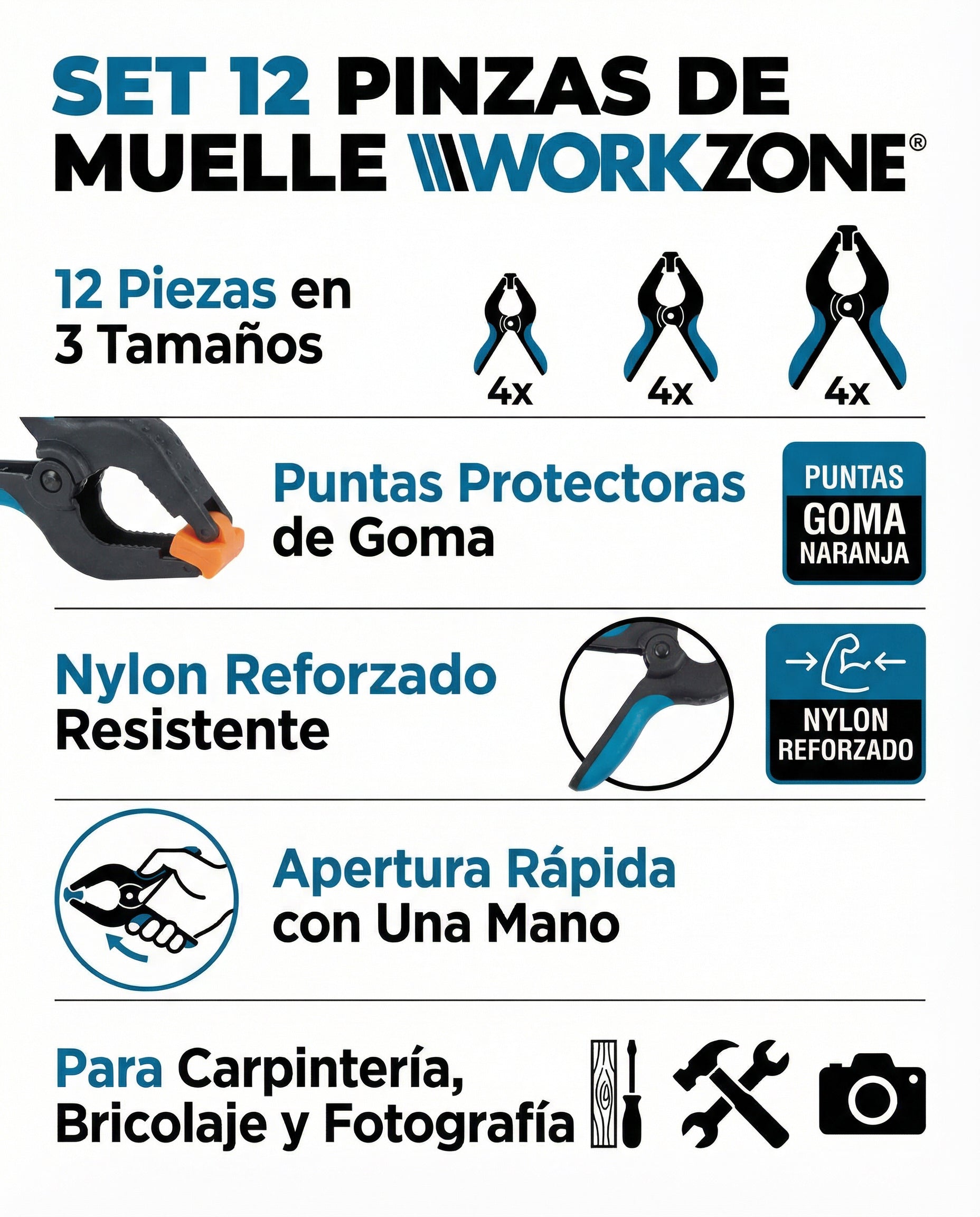 Set 12 Pinzas de Muelle 3 Tamaños con Puntas de Goma | Workzone