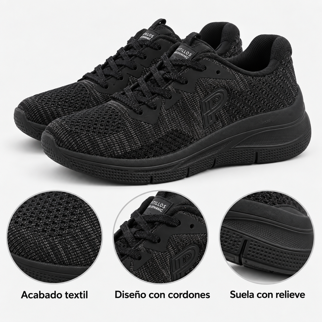 Características visibles de las zapatillas Pitillos Dynamic Foam negras: acabado textil, cordones y suela con relieve