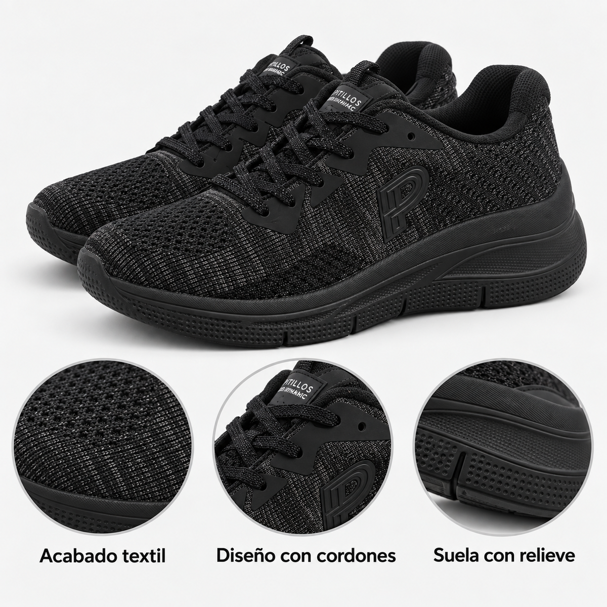 Características visibles de las zapatillas Pitillos Dynamic Foam negras: acabado textil, cordones y suela con relieve