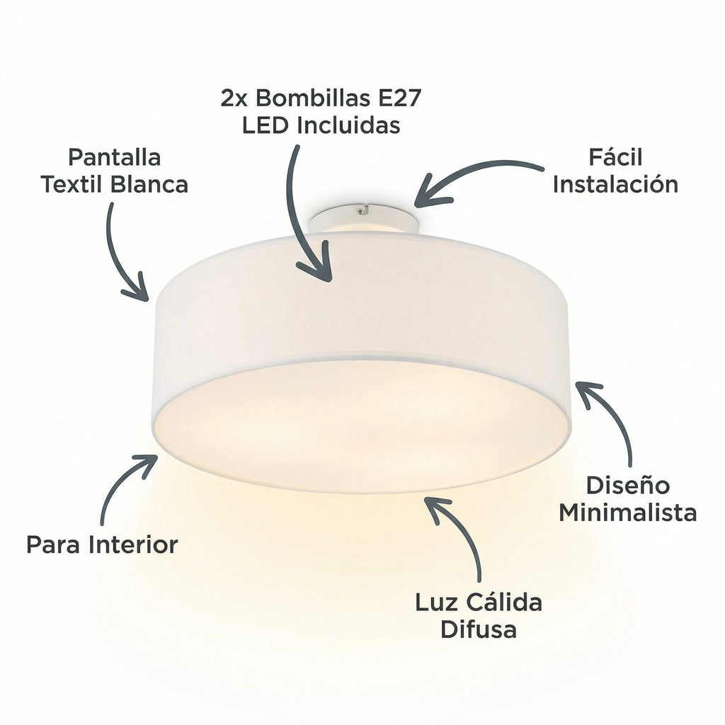 Plafón de Techo Textil Blanco 2xE27 LED Incluidas Diseño Minimalista | Casalux