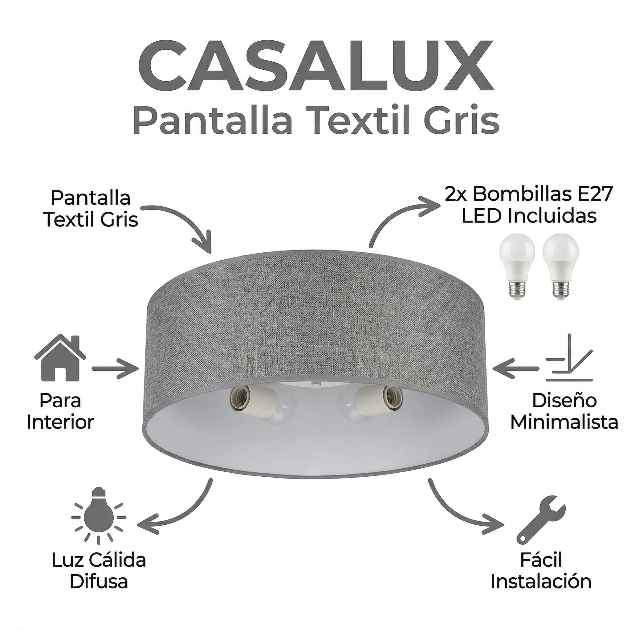 Plafón de Techo Textil Gris 2xE27 LED Incluidas Diseño Minimalista | Casalux