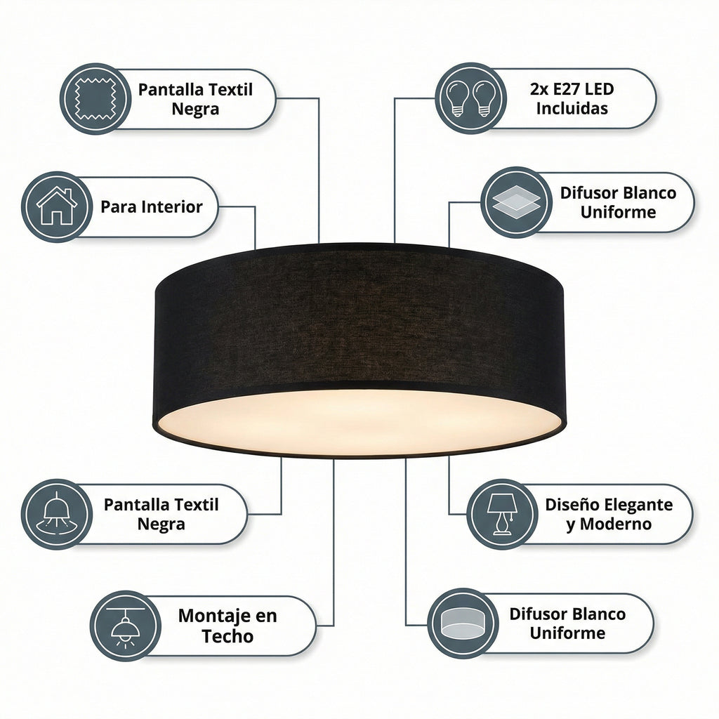 Plafón de Techo Textil Negro 2xE27 LED Incluidas Diseño Elegante | Casalux