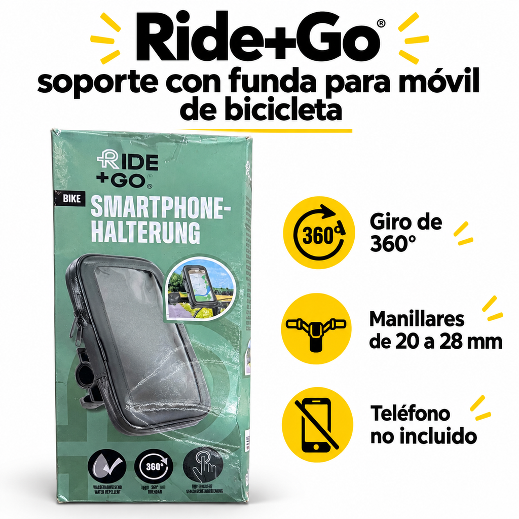 Ride+Go soporte con funda para móvil · Giro 360° y manillares 20–28 mm