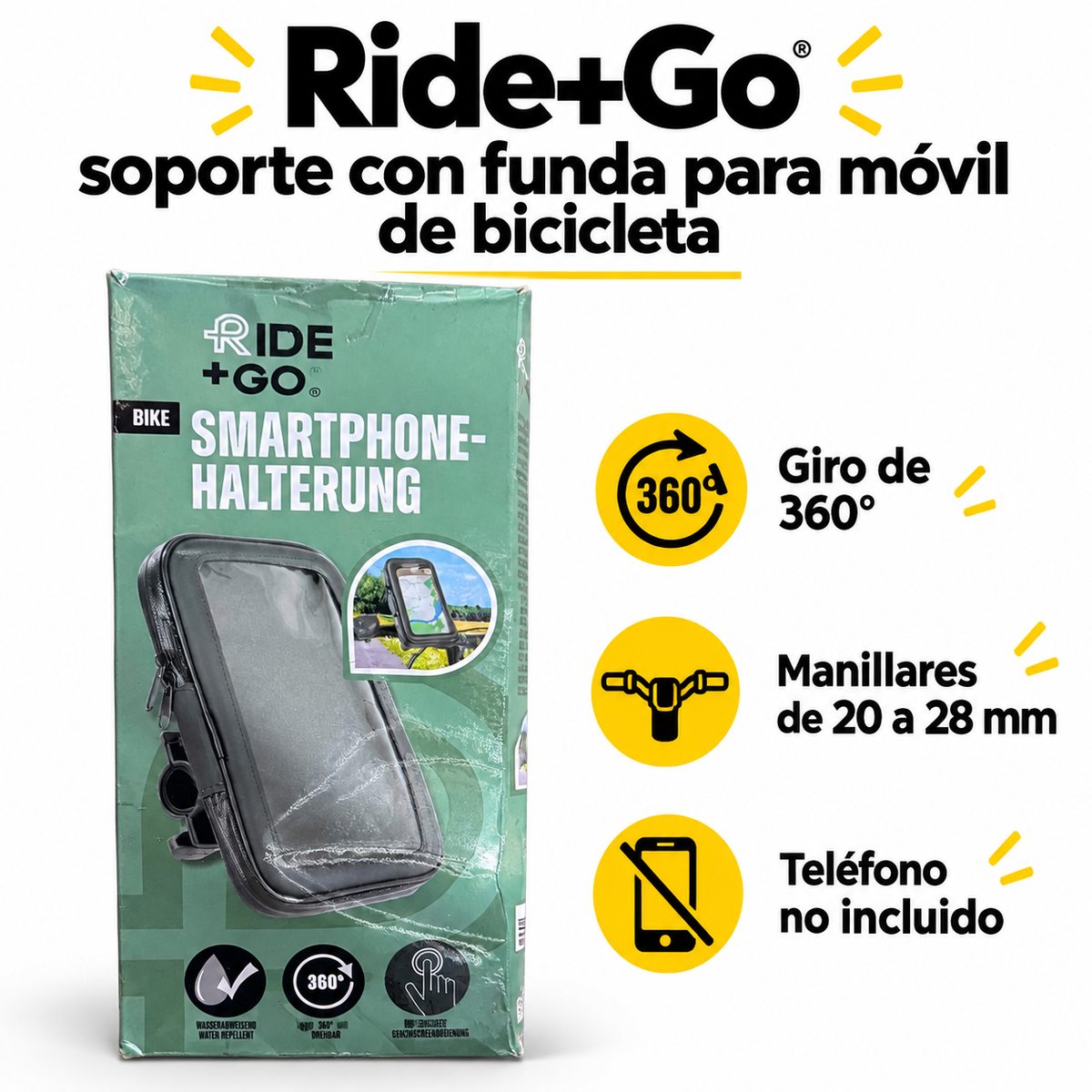 Ride+Go soporte con funda para móvil · Giro 360° y manillares 20–28 mm