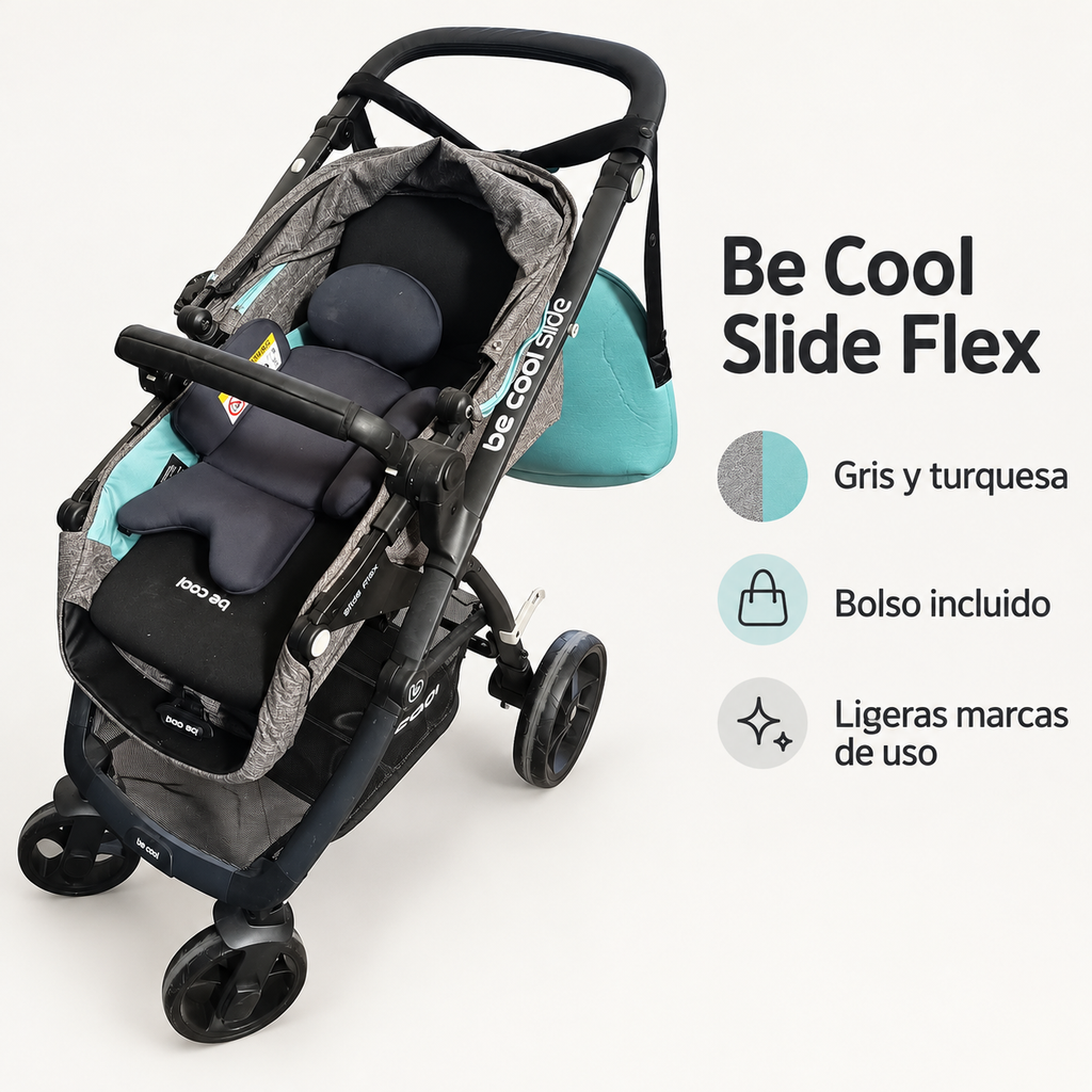Carrito Be Cool Slide Flex gris y turquesa con bolso y ligeras marcas de uso