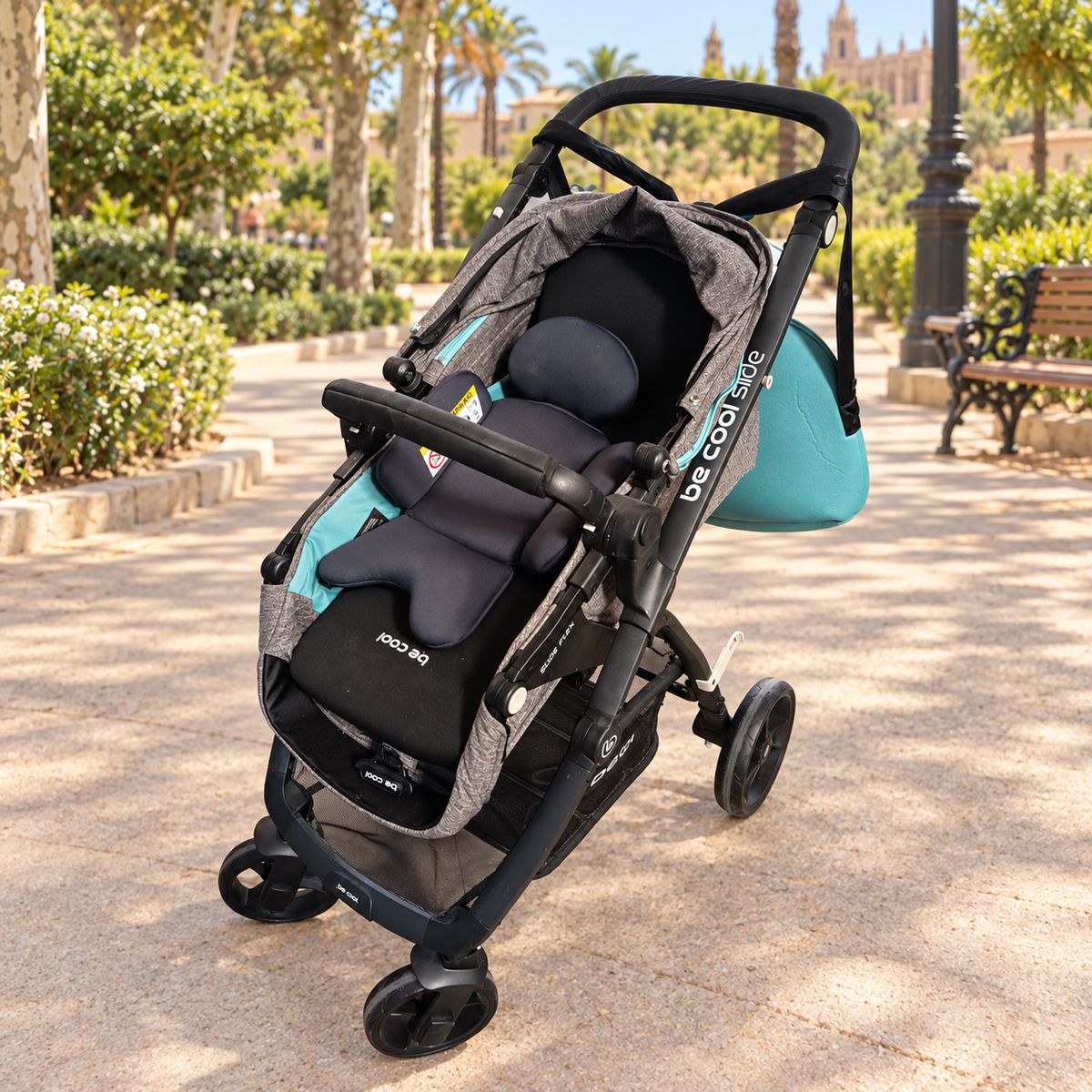 Carrito Be Cool Slide Flex gris y turquesa con bolso y ligeras marcas de uso