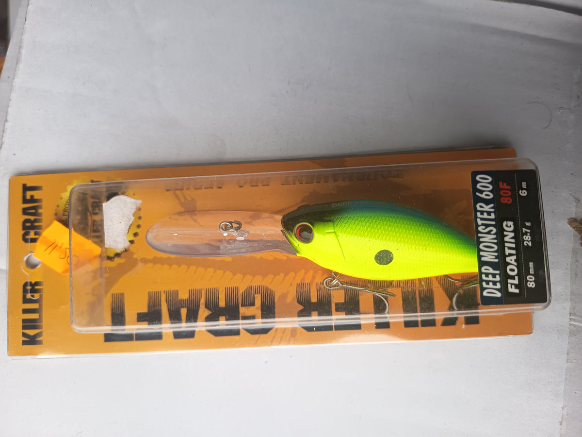 Killer Craft Deep Monster 600 Floating 80F — Verde lima y amarillo, fotografía del producto real en su envase