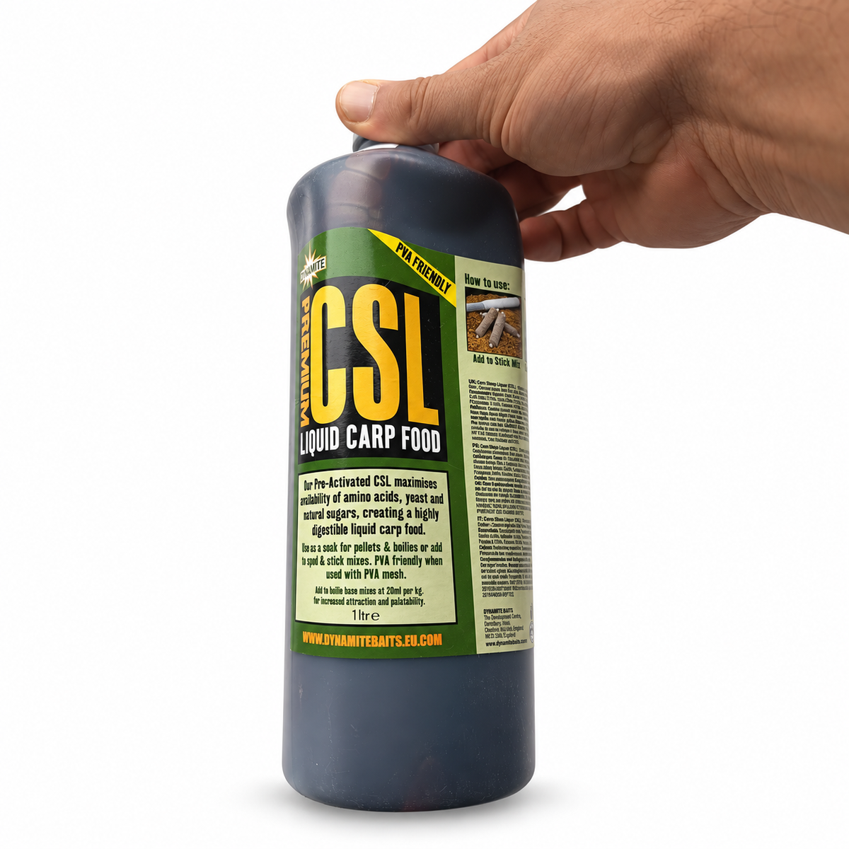 Dynamite Premium CSL Liquid Carp Food de 1 litro sobre fondo blanco
