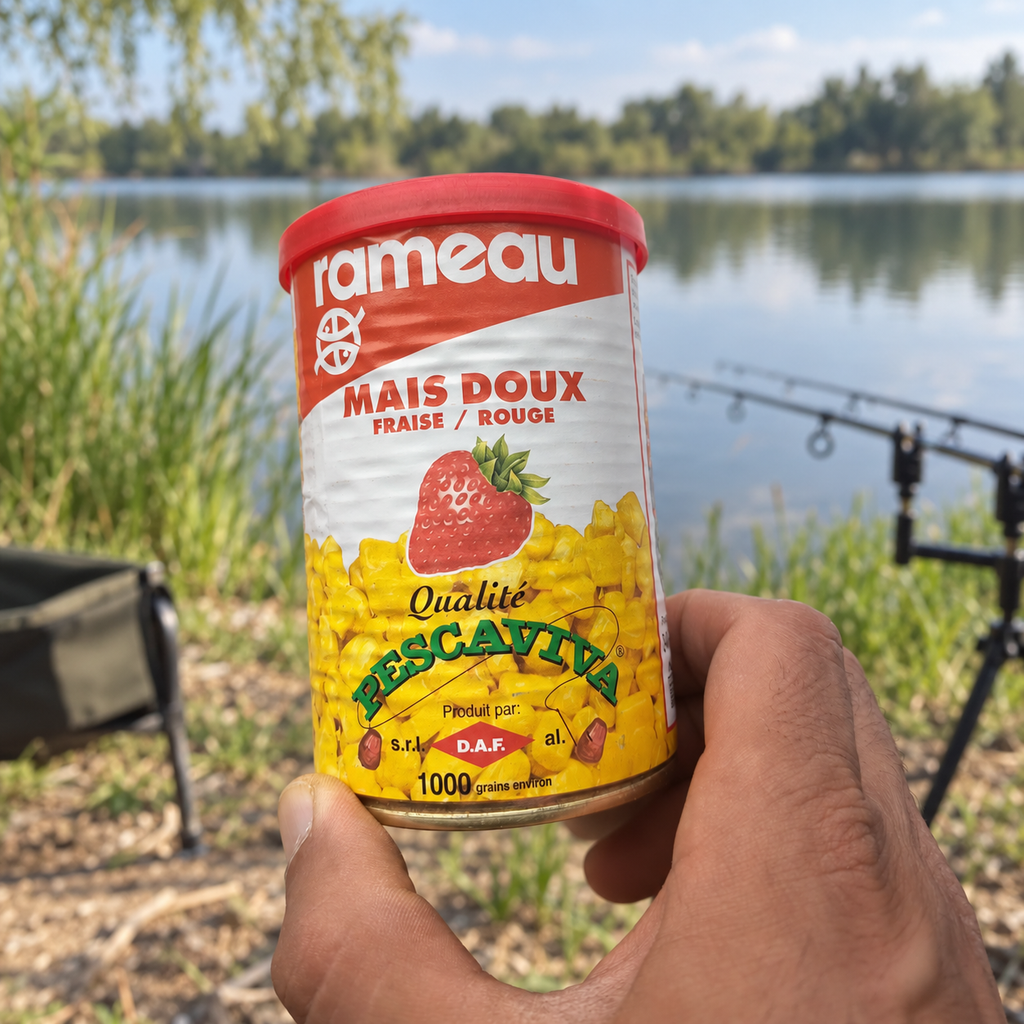 Lata Rameau Pescaviva de fresa en un entorno de pesca
