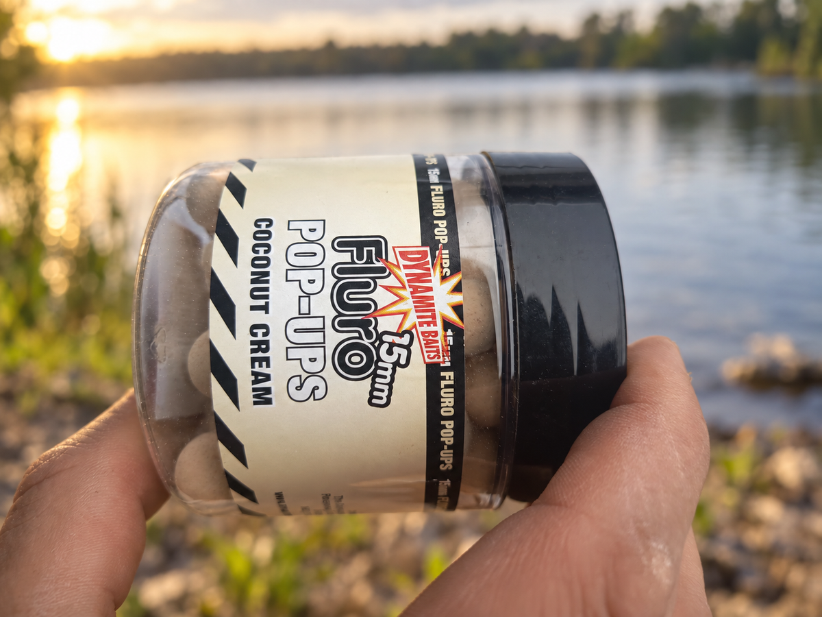 Dynamite Fluro Coconut Cream Pop-Ups 15 mm en ambiente de pesca