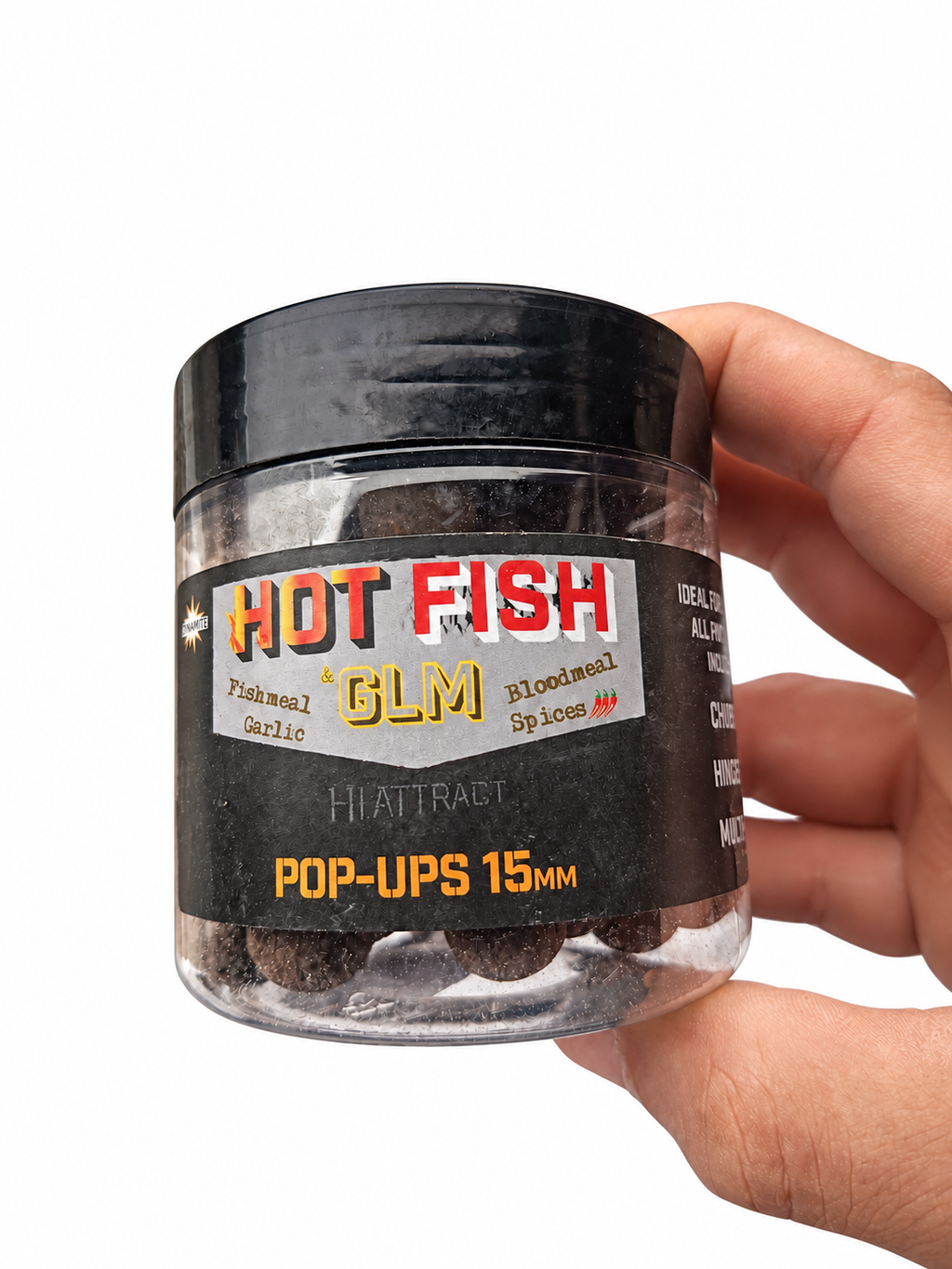 Dynamite Hot Fish & GLM Pop-Ups 15 mm sobre fondo blanco