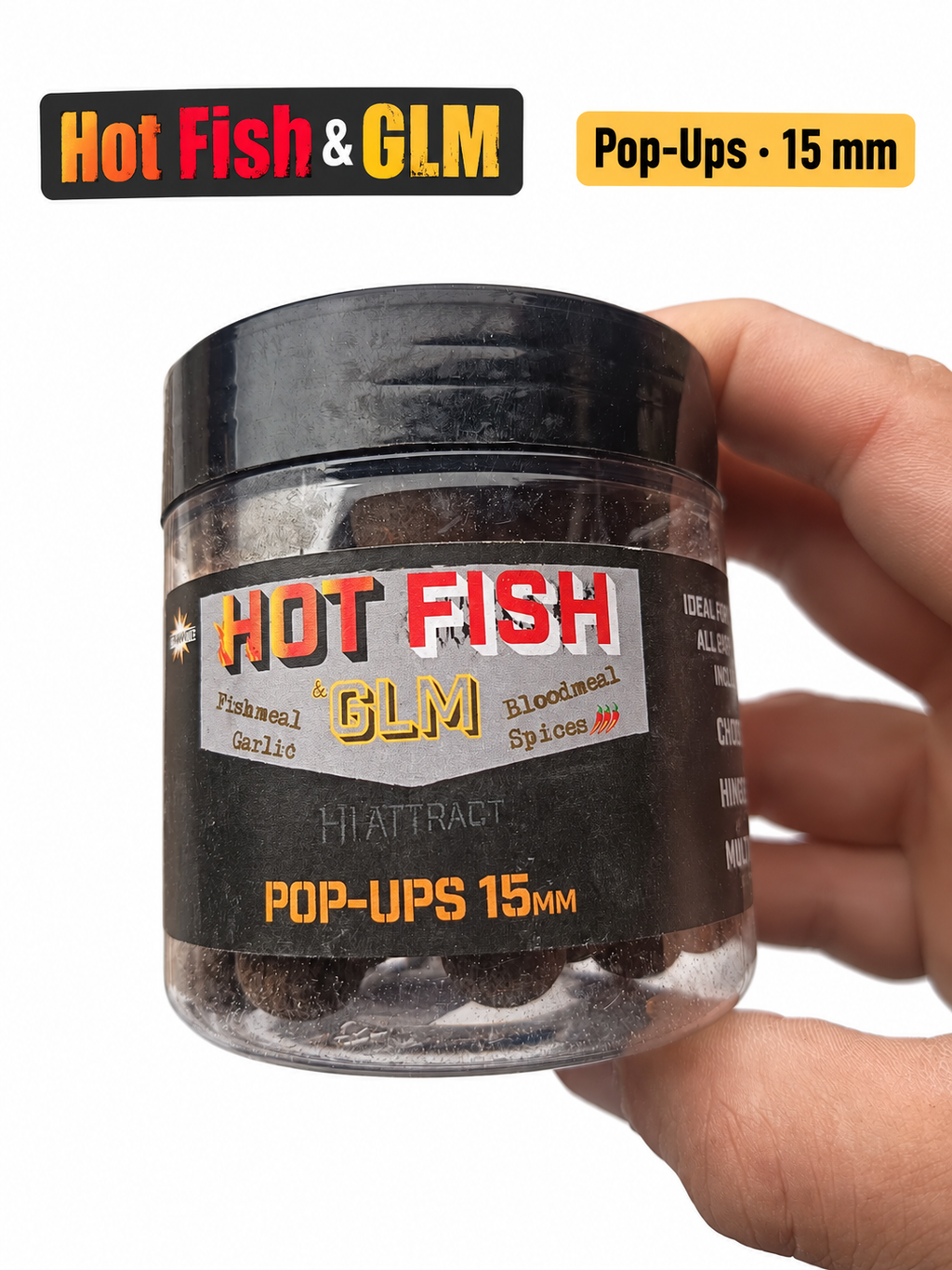 Dynamite Hot Fish & GLM Pop-Ups 15 mm con datos de su etiqueta