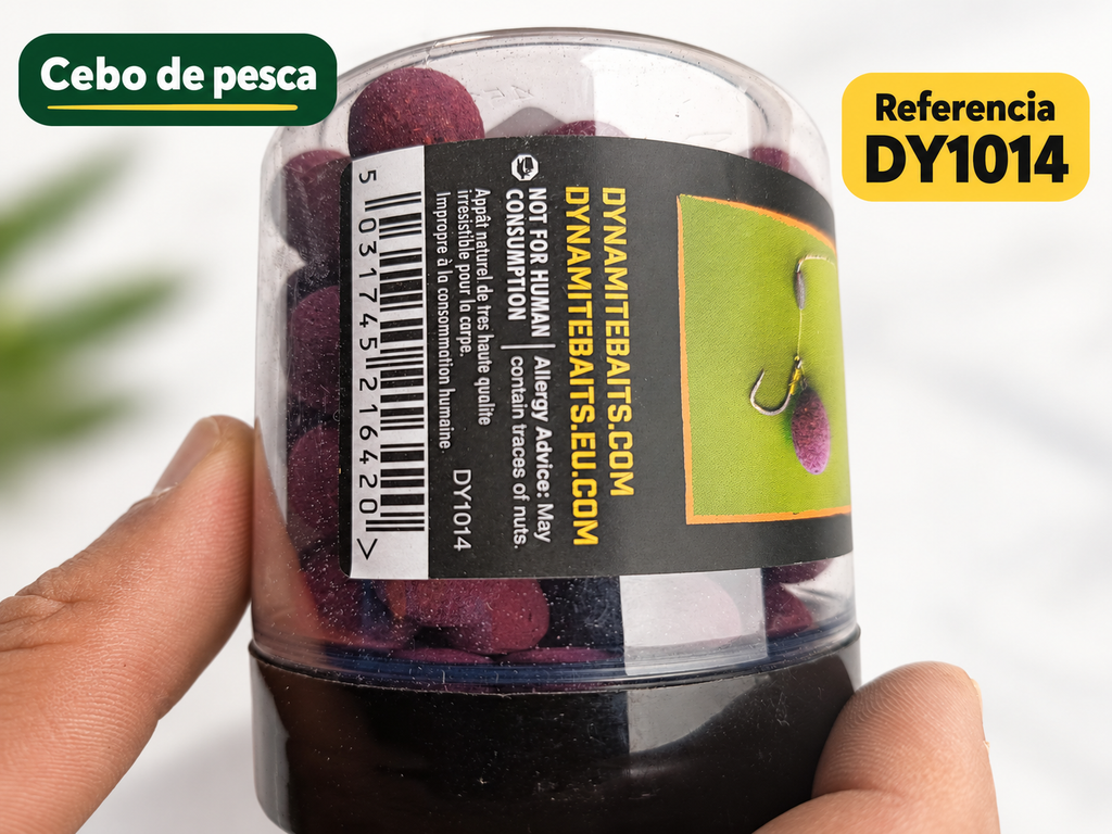 Dynamite Mulberry Plum Foodbait Pop-Ups 15 mm con datos de su etiqueta