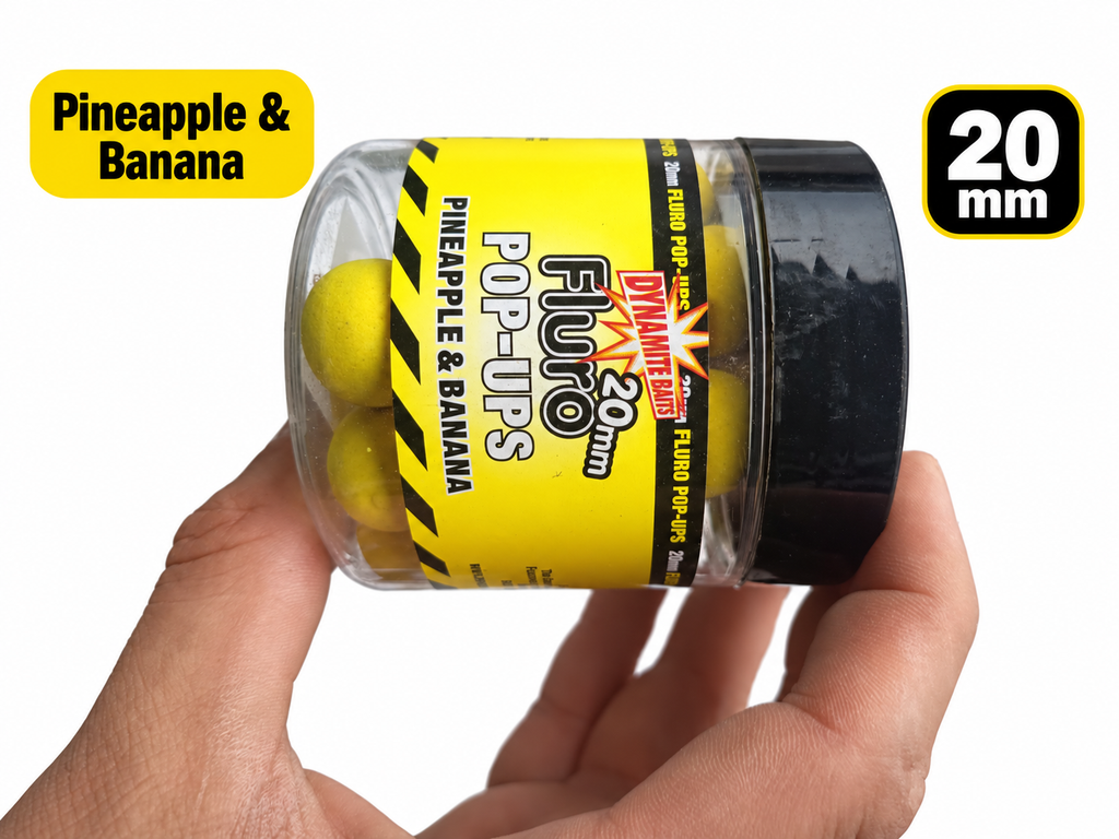 Dynamite Fluro Pop-Ups Pineapple & Banana 20 mm con datos de su etiqueta