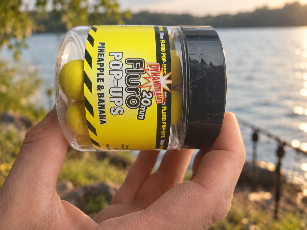 Dynamite Fluro Pop-Ups Pineapple & Banana 20 mm en ambiente de pesca