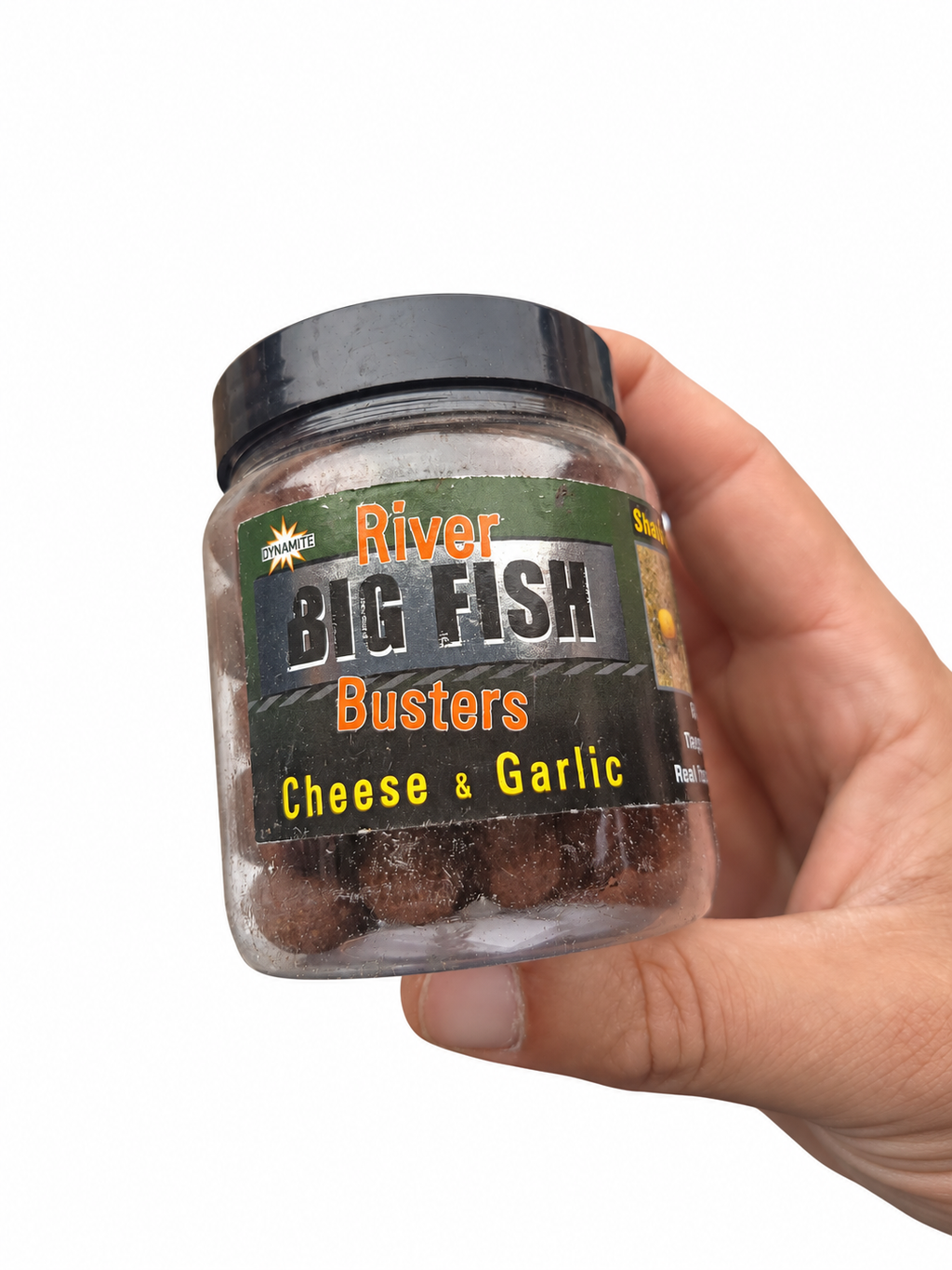 Dynamite River Big Fish Busters Cheese & Garlic · Cebo de pesca sobre fondo blanco