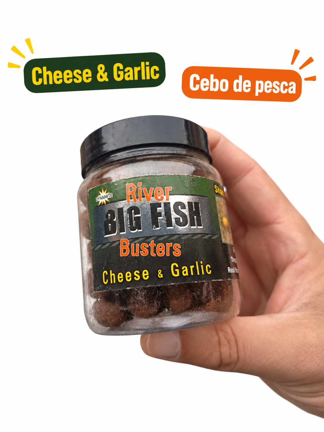 Dynamite River Big Fish Busters Cheese & Garlic · Cebo de pesca con datos de su etiqueta