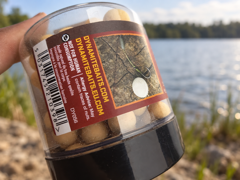 Dynamite The Source White Fluro Pop-Ups y Dumbells 15 mm en ambiente de pesca