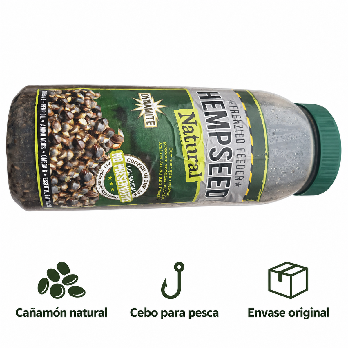 Dynamite Frenzied Hempseed Natural · Cañamón para pesca con datos de su etiqueta
