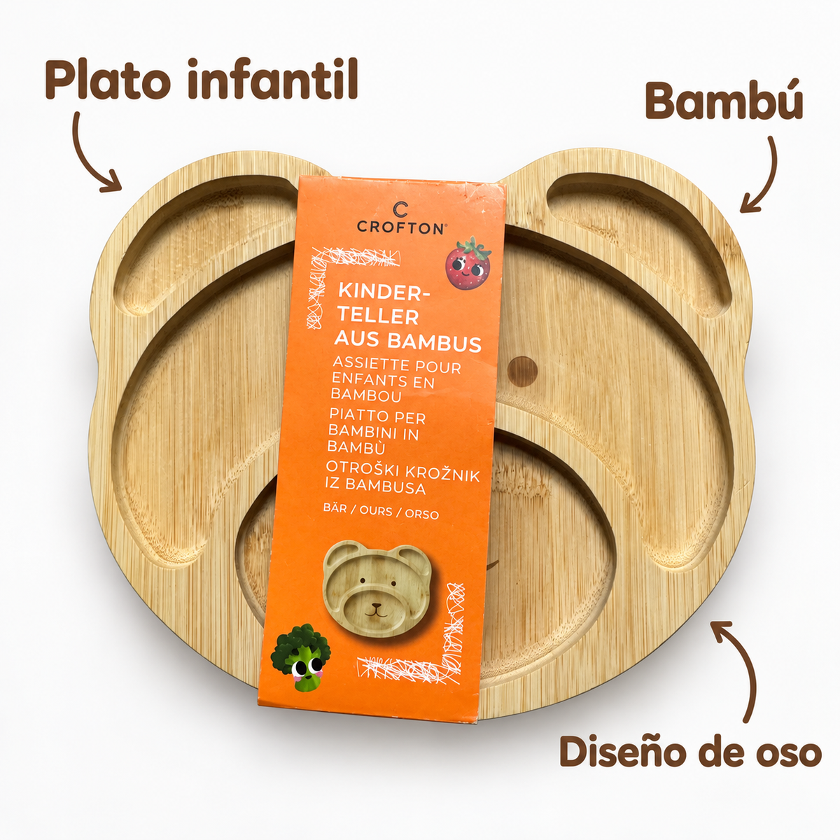 Características del plato infantil Crofton: bambú y diseño de oso
