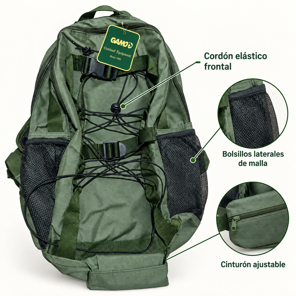 Mochila Gamo Rececho: cordón elástico frontal, bolsillos laterales de malla y cinturón ajustable