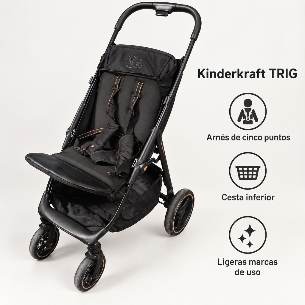Silla Kinderkraft TRIG negra con ligeras marcas de uso, sin barra delantera