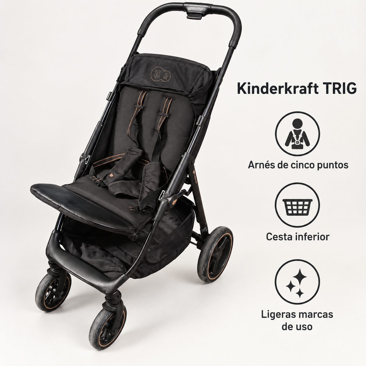 Silla Kinderkraft TRIG negra con ligeras marcas de uso, sin barra delantera