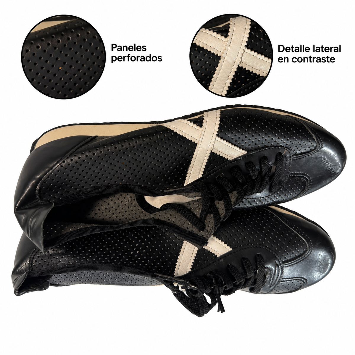 Zapatillas Munich negras perforadas con X crema, talla46, sin caja y con marcas de uso