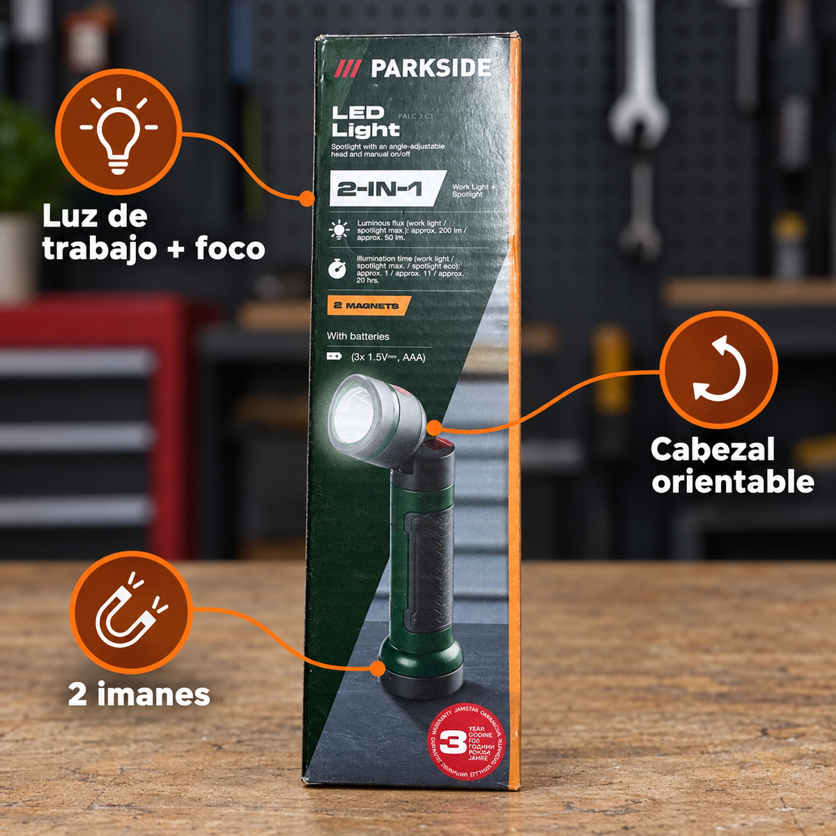 Características Parkside PALC 3 C1: luz de trabajo y foco, cabezal orientable y dos imanes
