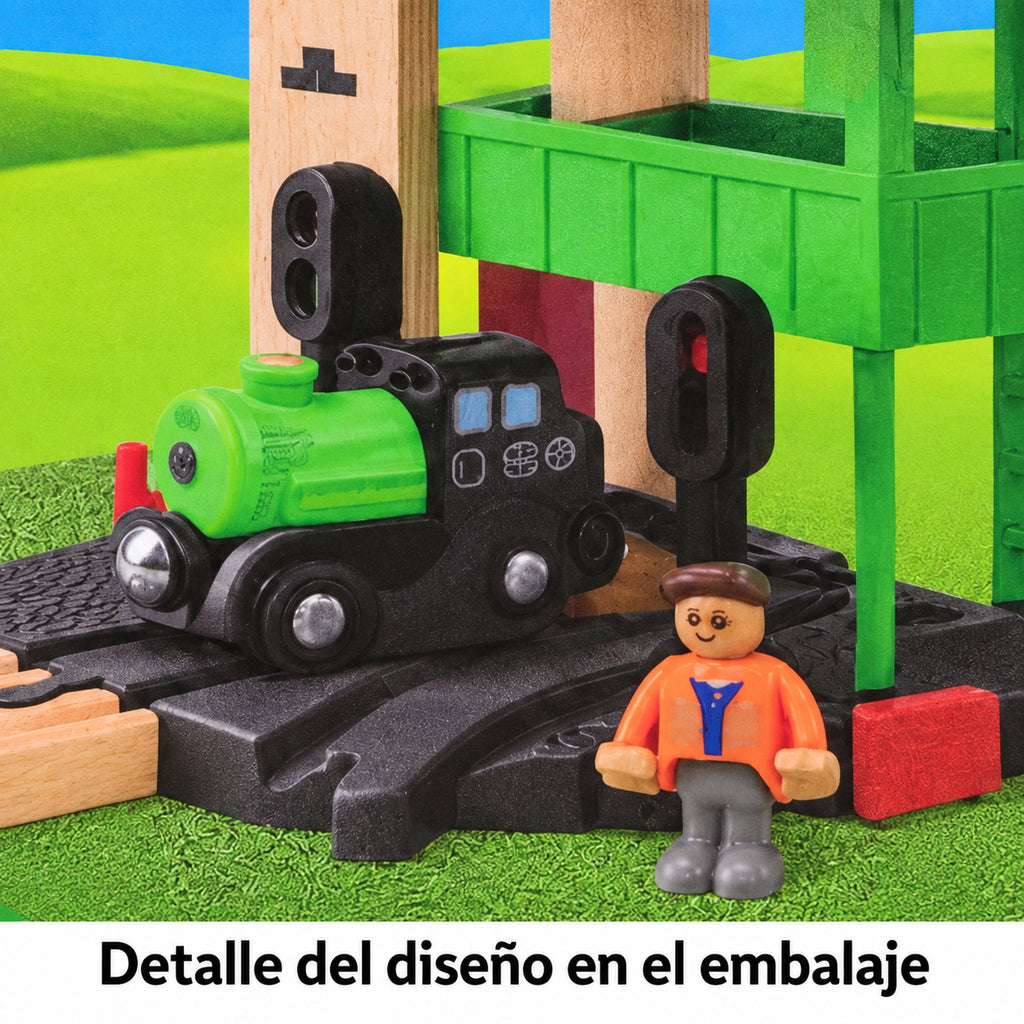 Detalle de locomotora y figura en la ilustración del embalaje