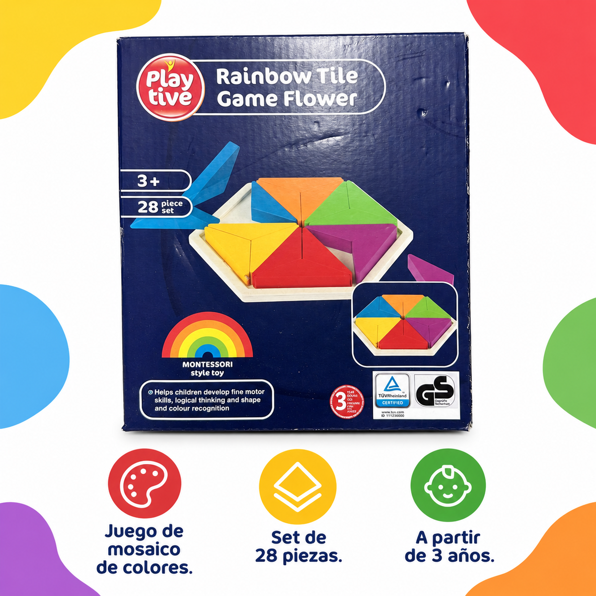 PLAYTIVE Rainbow Tile Game Flower de 28 piezas con características verificadas