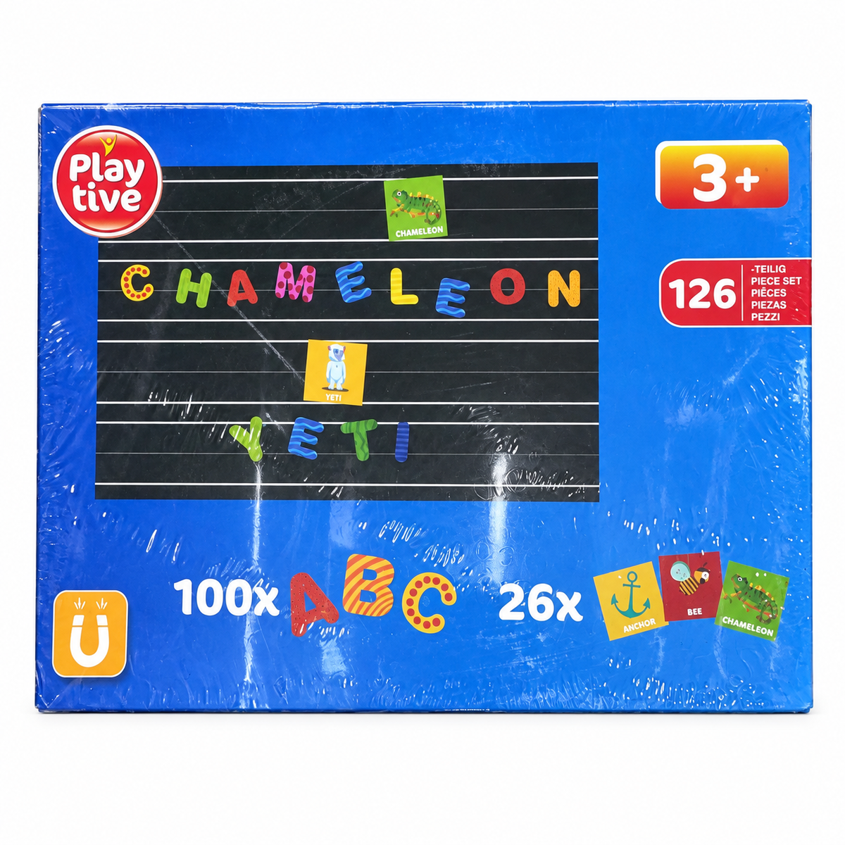 Caja original del juego de letras magnéticas Playtive de 126 piezas sobre fondo blanco
