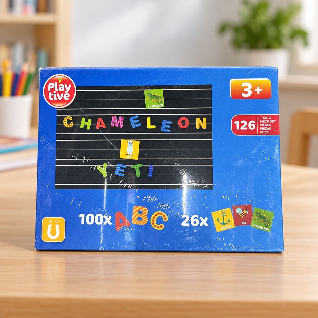 Juego Playtive de letras magnéticas en su caja original sobre escritorio