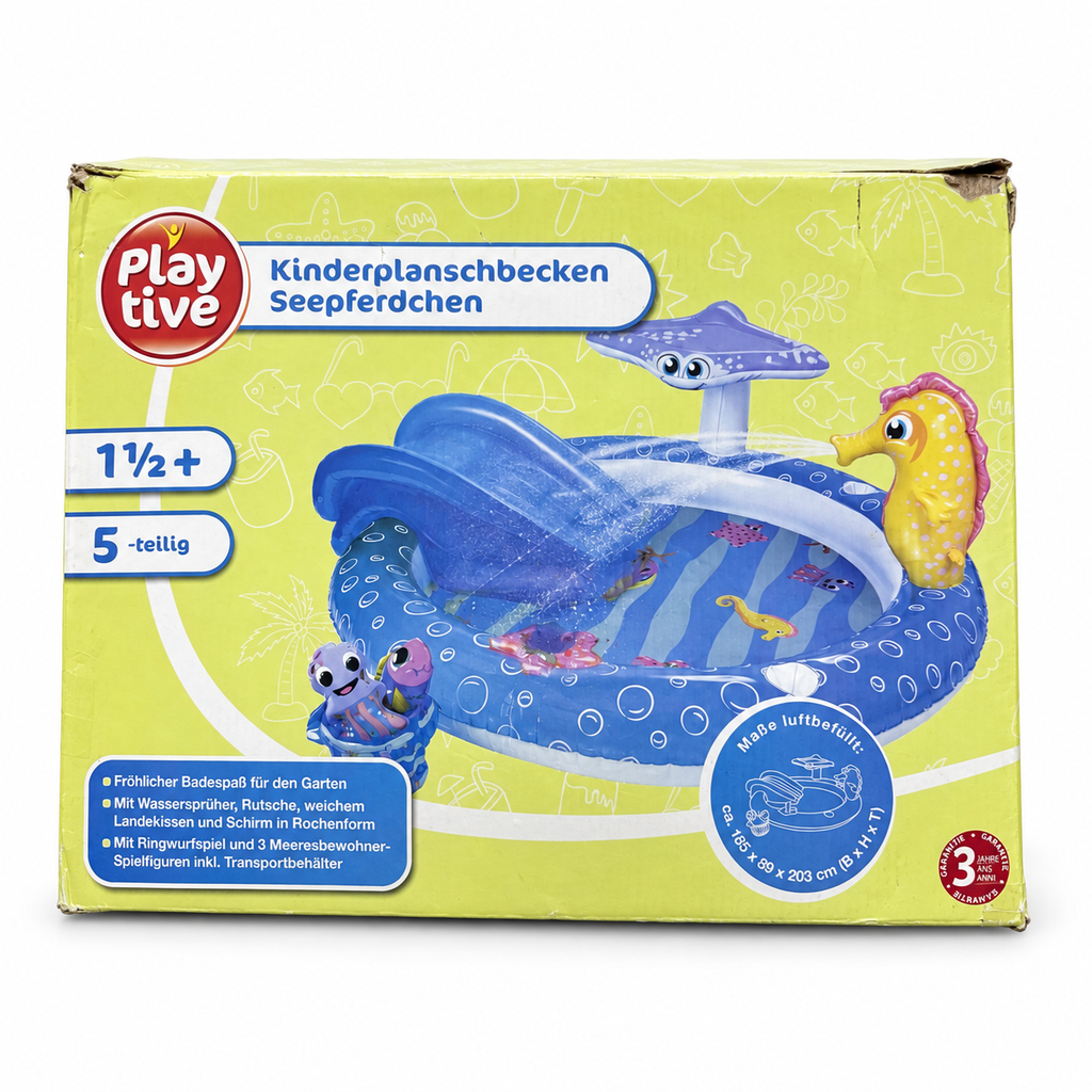 Piscina infantil PLAYTIVE Caballito de mar en caja original sobre fondo blanco