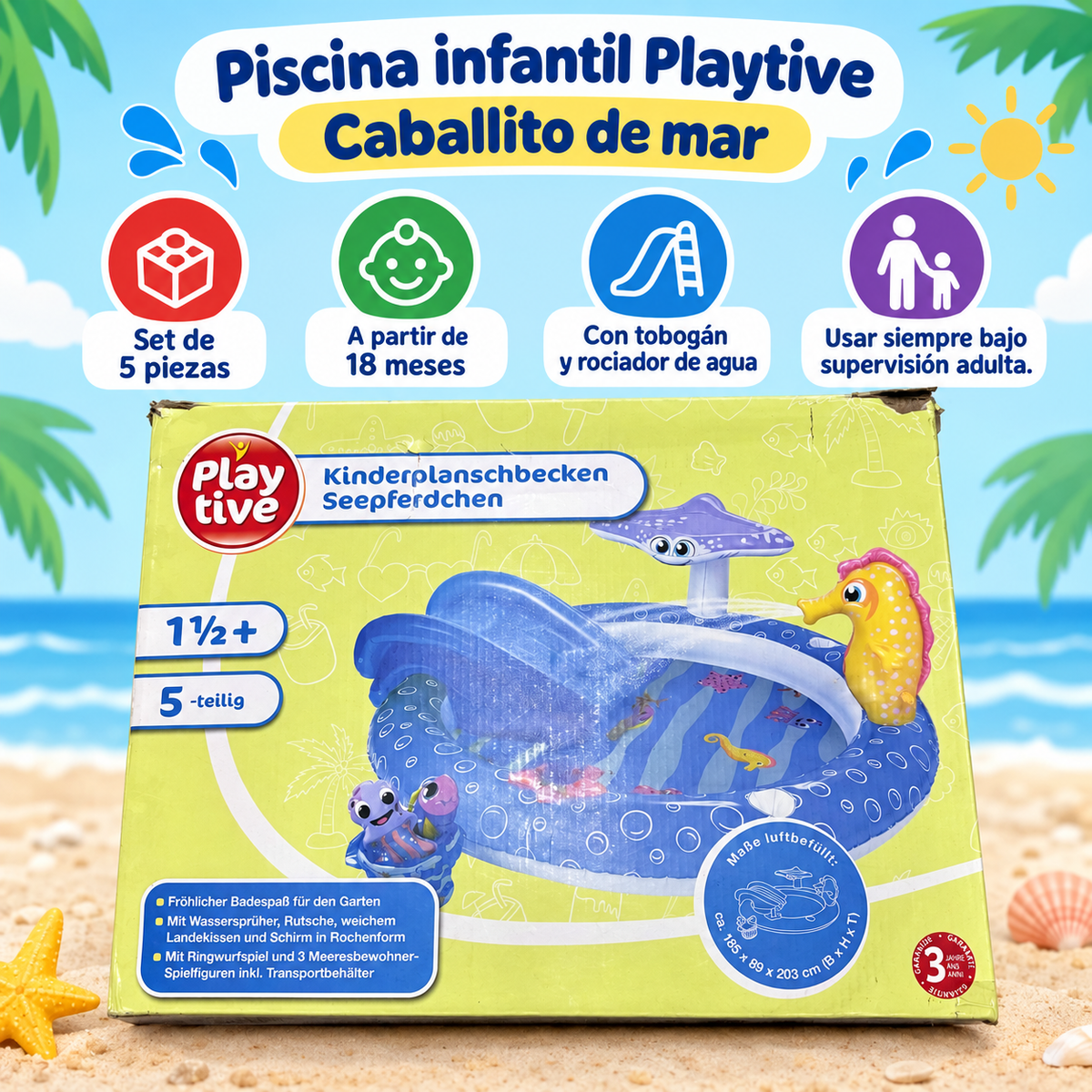 Piscina infantil PLAYTIVE Caballito de mar en caja original con características y edad indicada desde 18 meses