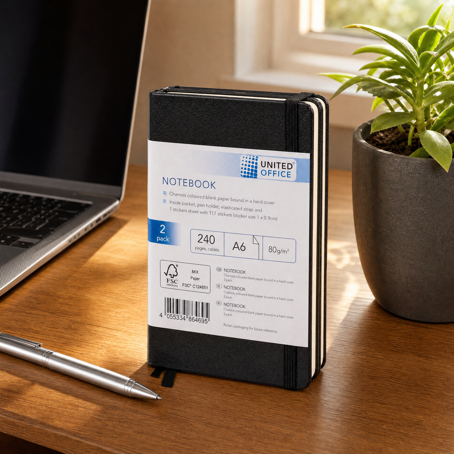 United Office pack de 2 libretas A6 tapa dura cierre elástico 240 páginas cinta marcapáginas