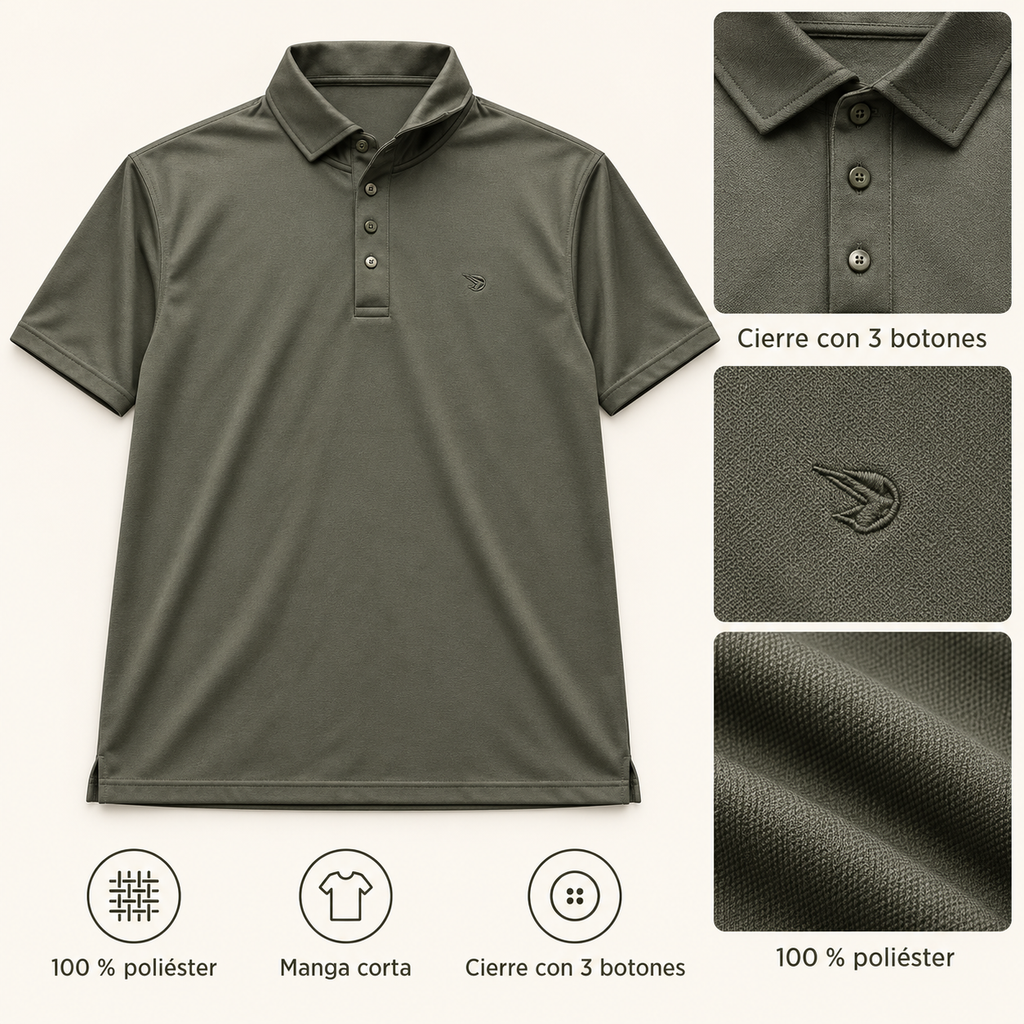 Características del polo Gamo verde oliva: poliéster, manga corta y tres botones