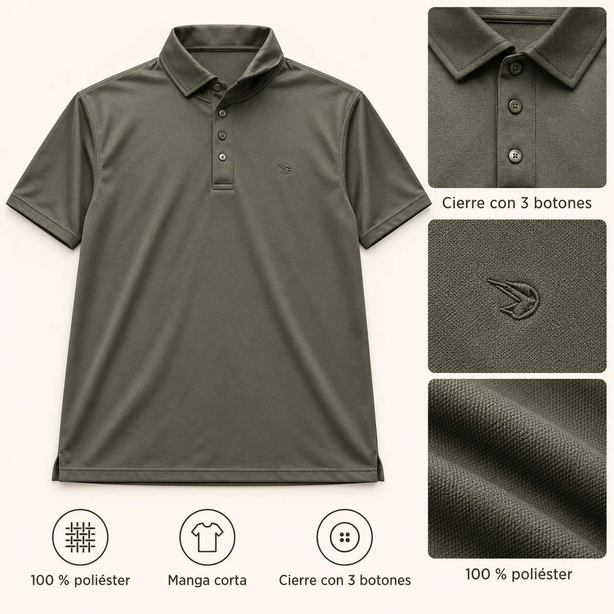 Características del polo Gamo verde oliva: poliéster, manga corta y tres botones