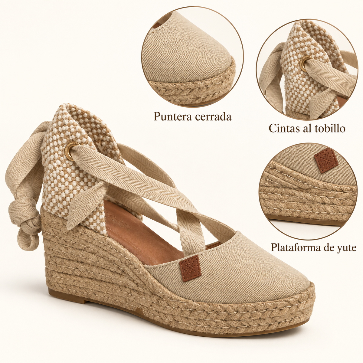Características de las alpargatas Popa Kleonor beige: puntera cerrada, cintas al tobillo y plataforma de yute