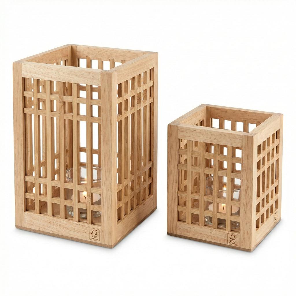 Set 2 Portavelas Farolillos de Madera y Bambú con Cristal FSC | Livarno Home