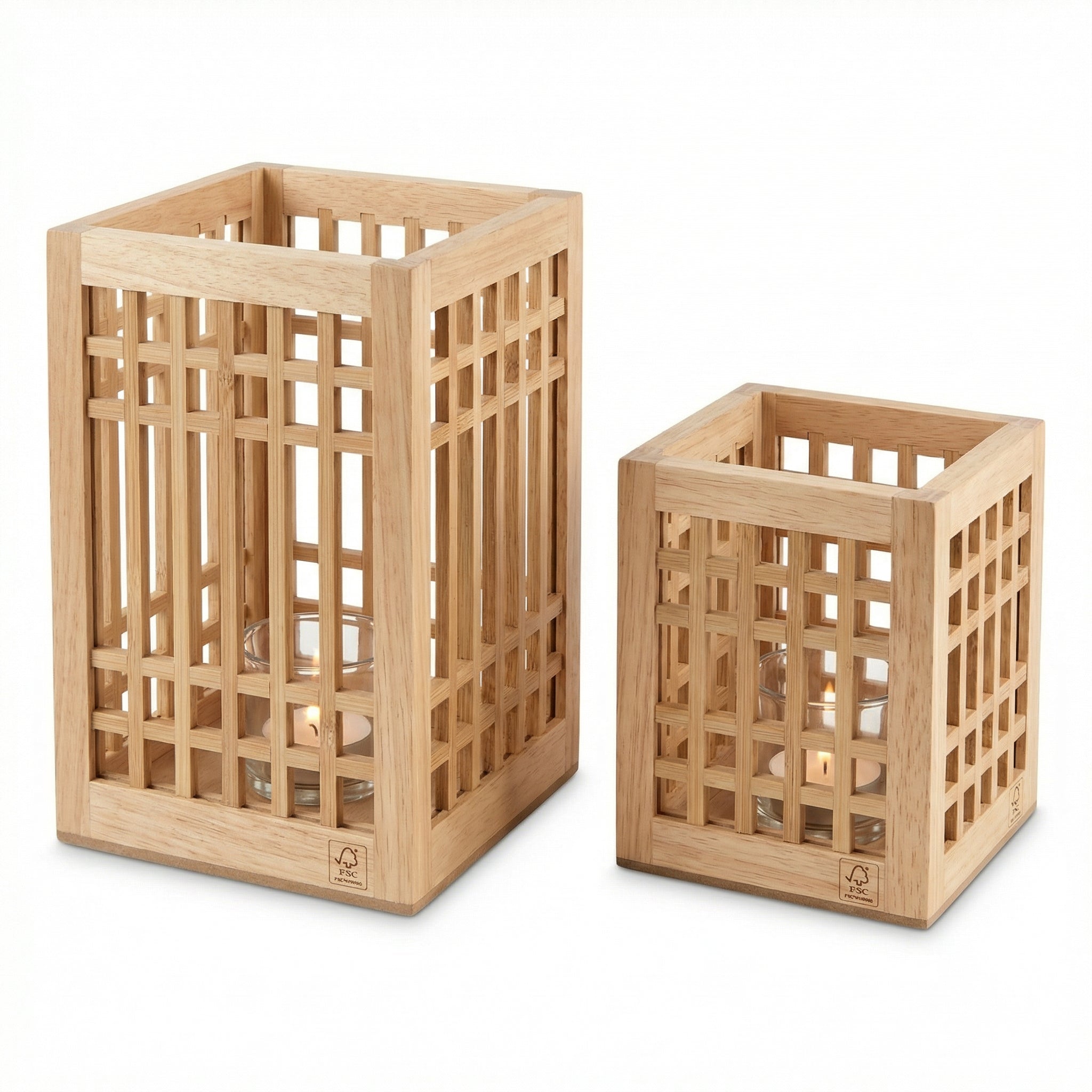 Set 2 Portavelas Farolillos de Madera y Bambú con Cristal FSC | Livarno Home